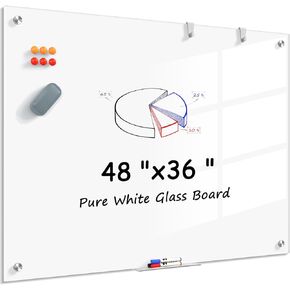 MaxGear Tempered Glass Whiteboard 36" x 24", Pure White Magnetic Glass Dry Erase Board for Wall, Large Frameless White Board with 1 Eraser, 3 Markers and 6 Magnets for Office, School, Home (3' x 2')
