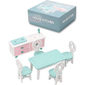 Wooden Dollhouse Furniture Set for Kids Colorful Pretend Play Toys with Wood Miniature Dining Room Doll House Accessories for Girls Boys Role Play Birthday Children's Day (PTD01)