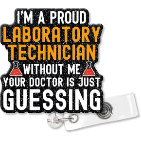 XQLZY I'm a Proud Lab Tech Black Glitter Cute Badge Retractable with Alligator Clip, Funny Lab Tools ID Card Badge Holder Gifts for Scientist Doctor Nurse Lab Technicians Student