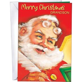 Chuck's Card-O-Rama - Grandson Christmas Card - WHY PAY MORE? - NEW - MADE in CHICAGO - Large Card Opens to 10" x 7.75" - Packaged in Extra Sturdy Mailer - Merry Christmas Grandson - 1004 - Christmas Card For Grandson