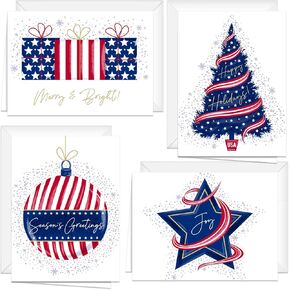Patriotic USA Christmas New Years Cards / 24 Holiday Greeting Notecards And Envelopes/Four Seasonal American Designs