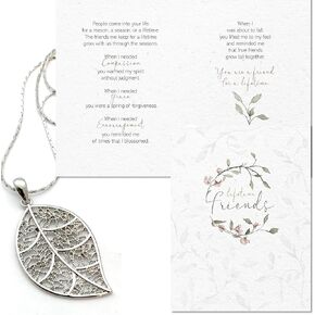 Smiling Wisdom - Friendship - Reason Season Lifetime Friend Greeting Card and Friendship Necklace Gift Set - Best Friend Women - Water Colored Wreath Card - Long Chain Platinum Leaf
