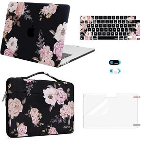 MOSISO Compatible with MacBook Air 15 inch Case 2024 2023 Release M3 A3114 M2 A2941 with Touch ID, Plastic Peony Hard Shell Case&Carrying Sleeve Bag&Keyboard Cover&Webcam Cover&Screen Protector, Black
