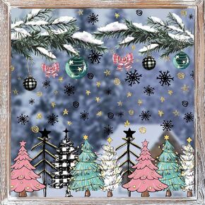 Christmas Tree Window Clings, Santa Tree Reindeer Snowman Christmas Stickers for Window Decorations, Snowflakes Xmas Winter Holiday Window Decals for Party Office Classroom, Reusable