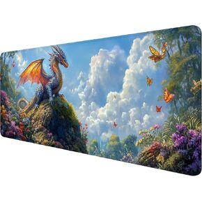 Fantasy Dragon Desk Pad Mouse Pad Forest Colorful Butterfly Flower Mousepad XL Large Gaming Mouse Pad Laptop Keyboard Mat Desk Pad 31.5"x11.8" Office Home Decor for Women Girl