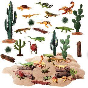 Sratte 26 Pcs Desert Reptiles Figurines Animals Toys Model Trees Kit Desert Diorama Supplies with Lizard Snake Toys Playset for Cake Toppers Kids Toddlers Birthday Party Decor