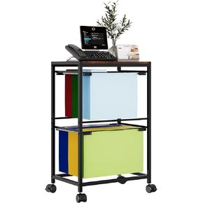 2 Tier Rolling File Cabinet Cart, Mobile Filing Cabinet with 4 Wheels, Metal Vertical File Cabinet for Home Office Organizer Storage Cabinet for Letter/A4/Legal Size, Printer Stand, Black