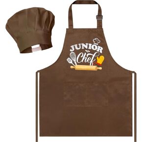 R HORSE Kid Apron and Chef Hat Set 2Pcs Adjustable Children Brown Chef Kitchen Apron, Dress up Role Play Chef Toy Cooking Baking Painting and Training Kits Kid Funny Cooking Birthday Gift for Kids