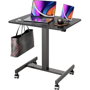 Claiks Mobile Standing Desk, Small Rolling Standing Desk, Mobile Desk Workstation with Wheels, Pneumatic Mobile Laptop Desk for Home Office with Hook, White