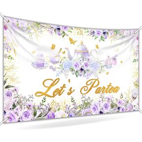 Avezano Tea Party Backdrop Floral Butterfly Glitter Let's Partea Banner Afternoon Tea Baby Shower Birthday Party Decorations 70.8 x 43.3 Inch (Pink)