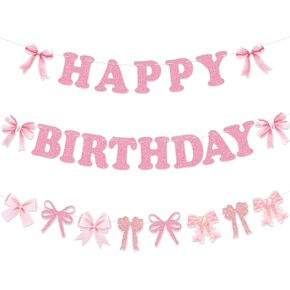 Coquette Birthday Decorations 3Pcs Pink Bow Happy Birthday Banner Garland Coquette Bow Birthday Banner for Girls Bow Birthday Party Decorations