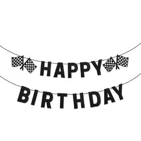 Black Race Car Birthday Banner, Checkered Flag Car Happy Birthday Banner Double-Side Racing Car Birthday Party Banner Self Assemble Decoration