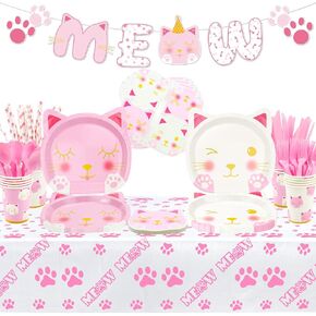 167 PCS Cat Birthday Party Supplies - Kitten MEOW Banner, Cat Paper Plates, Napkins, Cups, Tablecloth, Knives, Forks, Spoons and Straws for Girl Pet Cat Party Decorations, Serve 20 Guests