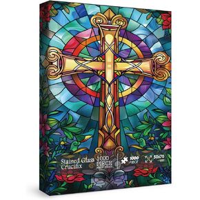 Stained Glass Cross Puzzles for Adults 1000 Pieces, Mosaic Christian Religious Jigsaw Puzzles, Flower Jesus Crucifixion Puzzles