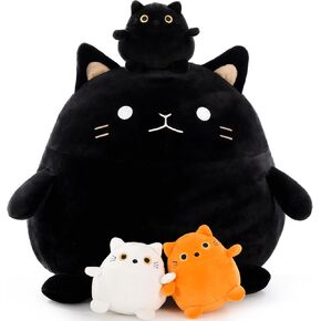 Cat Plush Toy 4Pcs - 18'' Giant Black Cat Mommy with 3 Cute Baby Kittens - Kawaii Fat Cats Stuffed Animal - Squishy Cat Plushies Pillow Gift for Boys and Girls