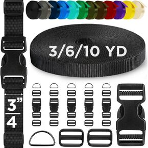 TECEUM Buckles & Strap Kit – 3/4" Black Nylon Webbing 6 (yd) – 6 Heavy Duty Adjustable Plastic Buckles – 12 Tri-Glide Slide Clips – 3 Metal D-Ring – Ideal Straps for Arts Crafts Outdoors Indoors DIY
