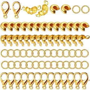 1200PCS Jewelry Making Accessories Set with 100 Lobster Claw Clasp 100 Crimp Bead Covers 200 Bead Tips Knot Covers 800 Open Jump Ring Connectors Bracelets Necklaces Crafting Supplies (Gold, Silver)