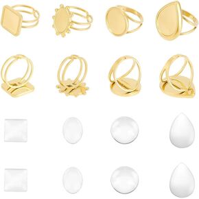 UNICRAFTALE 8Pcs 4 Styles DIY Golden Blank Ring Stainless Steel Open Cuff Ring Making Kit Real 18K Gold Plated with Glass Cabochons Rings 16.9mm Base Ring Bezel Tray for Jewelry Making