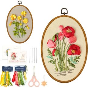 XM-GENYUE 2 Sets Starter Embroidery Kit for Beginners Adults, Hand 3D Ribbons Embroidery Kit for Beginners Flowers Includes Bamboo Hoop, Cloth