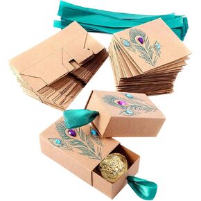 Faylapa Suitcase Candy Boxes, Party Favor Candy Box, Vintage Kraft Paper Gift Bag for Travel Theme Party,Wedding,Birthday,Bridal Shower (Peacock Feather 50pcs)