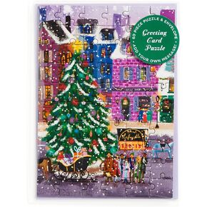 Galison Christmas Square – Charming Christmas Town Greeting and Jigsaw Puzzle Card by Joy Laforme Includes Color Coordinated Envelope and Sticker Seal