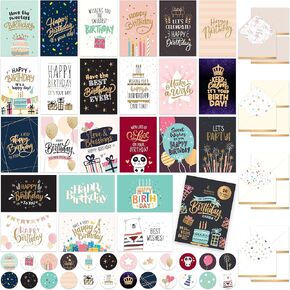 Decorably Assorted Cards with Envelopes & Stickers - 24 Pack Foiled and Glittery Box of Birthday Cards with Envelopes, Printed Message Inside Boxed Birthday Cards Assortment, 6x4 Birthday Card Pack