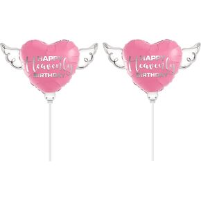 Happy Heavenly Birthday pink balloons on a stick heart shaped with angel wings (2 Pack)