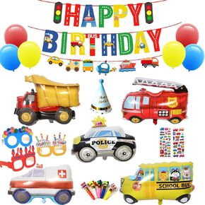 Car Party Supplies - Birthday Party Decorations for 2 years old Kids,Contain a Traffic Banner,a Birthday hat,3 Birthday Glasses,8 Foil Balloons,34 Balloons,Great for Kids Birthday Party