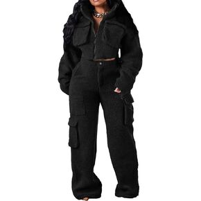 KANSOON Sweat Set for Women 2 Piece Sherpa Fur Fuzzy Fleece Long Sleeve Zip Crop Jacket Cargo Pants Pockets Tracksuit Outfit