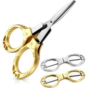 2PCS Folding Scissors Retractable Portable Travel Scissors Stainless Steel Mini Scissors Small Scissors All Purpose for Sewing Fishing Crafts DIY Home Office Christmas Gift Men(Gold, Silver)