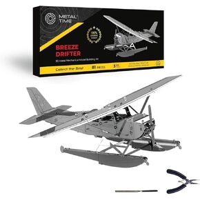 Breeze Drifter, Hydroplane Model, 3D Metal Mechanical Airplane Model Building Kit, Unique Wind-Up Moving Mechanism, Stainless Steel DIY Construction with Toolbox - 81 Pieces.