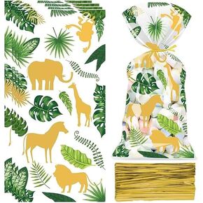 UEMIS 60Pack Jungle Animal Cellophane Treat Bags, Green Gold Safari Animal Palm Leaves Plastic Candy Goodie Bags with Gold Twist Ties for Wedding Wild One Safari Baby Shower Birthday Party Favors (Jungle Animals)