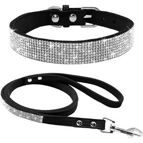 Dogs Kingdom Full Rhinestone Dog Collar Leash Set Soft Velvet Dog Cat Collar Set Cute Crytals Pet Accessories for Female Small Medium Large Cats Dogs,Black,XXL:18-22" Neck