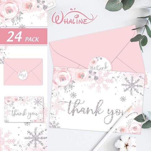 Whaline 24 حزمة عيد الميلاد شكرا لك بطاقة الوردي بريق ندفة الثلج الزهور تحية بطاقة مع مغلف ملصق بطاقة ملاحظة فارغة لعيد الميلاد الشتاء استحمام الطفل لوازم دعوة الحزب، 4 × 6 بوصة in Saudi Arabia