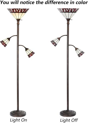 Bieye L10838 Fire Flame Tiffany Style Stained Glass Torchiere Floor Lamp with Sidelights for Reading, 70-inches Tall (Flame, Red) in Kuwait