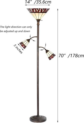 Bieye L10838 Fire Flame Tiffany Style Stained Glass Torchiere Floor Lamp with Sidelights for Reading, 70-inches Tall (Flame, Red) in Kuwait