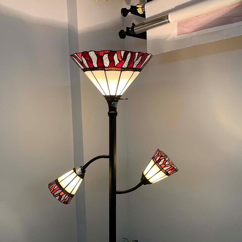 Bieye L10838 Fire Flame Tiffany Style Stained Glass Torchiere Floor Lamp with Sidelights for Reading, 70-inches Tall (Flame, Red) in Kuwait