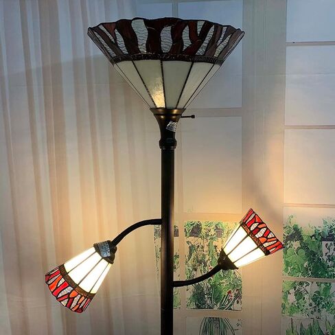 Bieye L10838 Fire Flame Tiffany Style Stained Glass Torchiere Floor Lamp with Sidelights for Reading, 70-inches Tall (Flame, Red) in Kuwait