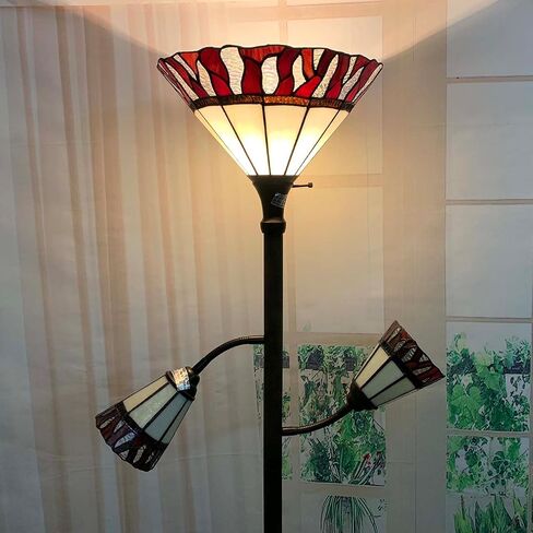 Bieye L10838 Fire Flame Tiffany Style Stained Glass Torchiere Floor Lamp with Sidelights for Reading, 70-inches Tall (Flame, Red) in Kuwait