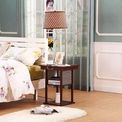 Brightech Madison Side Table with Lamp Combo with LED Bulb, Desk Lamp with USB Port, Bedside Reading Lamp, Modern End Table with Floor Lamp for Bedroom, Living Room, Office - Havana Brown in Kuwait
