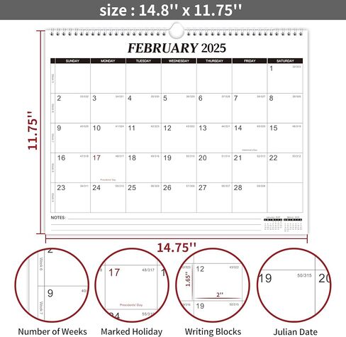 2025-2026 Wall Calendar - Jan 2025 - Jun 2026, 18 Monthly Calendar 2025-2026, 15" x 11.5", 2025 Calendar with Weekly Numbers, Large Blocks, Notes, Twin-Wire Binding, Hanging Hook - Classic Black in Kuwait