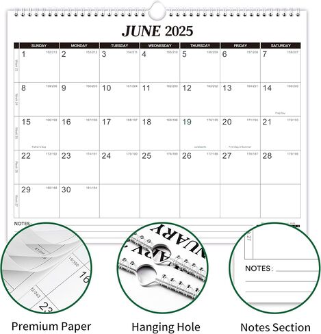 2025-2026 Wall Calendar - Jan 2025 - Jun 2026, 18 Monthly Calendar 2025-2026, 15" x 11.5", 2025 Calendar with Weekly Numbers, Large Blocks, Notes, Twin-Wire Binding, Hanging Hook - Classic Black in Kuwait