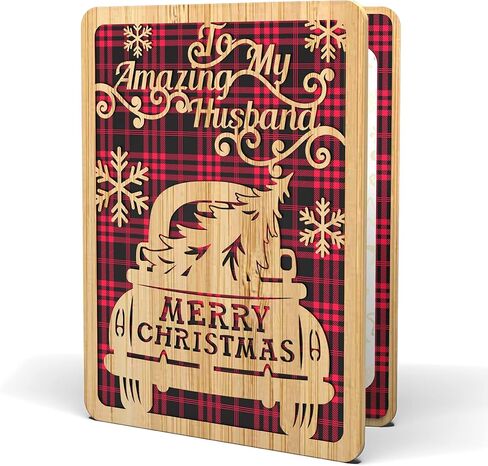 Merry Christmas Card For Husband - | Made From Real Bamboo | 6" X 4.5" - 1 Pack (Envelope Included) | Laser Cut, Pickup Truck Themed Husband Christmas Card from Wife or Significant Other in Kuwait