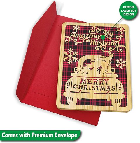 Merry Christmas Card For Husband - | Made From Real Bamboo | 6" X 4.5" - 1 Pack (Envelope Included) | Laser Cut, Pickup Truck Themed Husband Christmas Card from Wife or Significant Other in Kuwait