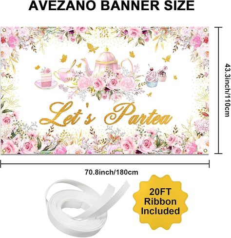 Avezano حفلة الشاي خلفية الأزهار الفراشة بريق دعونا Partea راية بعد الظهر الشاي الطفل دش حفلة عيد ميلاد زينة 70.8 × 43.3 بوصة (الوردي) in Saudi Arabia