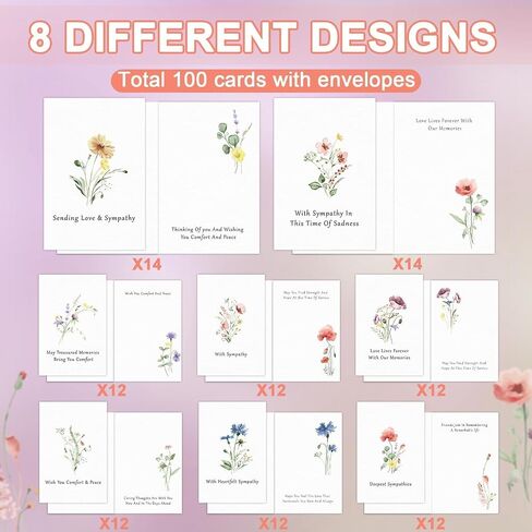 100Pcs Bulk Sympathy Cards with Envelopes Stickers Watercolor Flower Condolence Cards With Greetings Thoughtful Messages Inside Thinking of You Cards Floral Funeral Cards Floral Bereavement Cards in Saudi Arabia