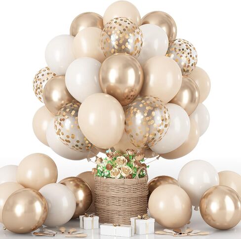Beige and Champagne Gold Balloon Set, 60Pcs 12 Inch Nude Cream Retro White Sand Balloons with Metallic Champagne Gold Confetti Latex Balloons for Birthday Wedding Baby Bridal Shower Party Decorations in Kuwait