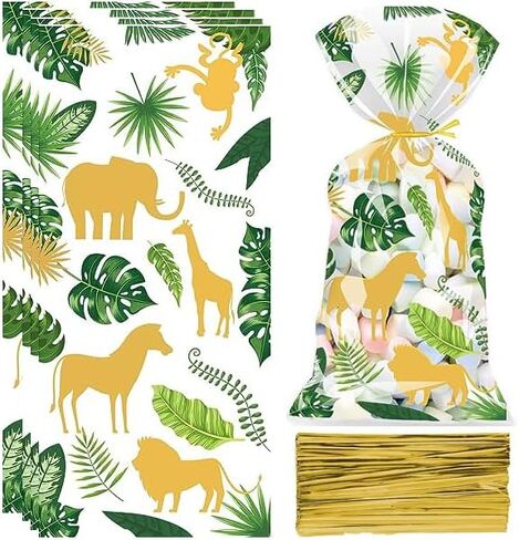 UEMIS 60Pack Jungle Animal Cellophane Treat Bags, Green Gold Safari Animal Palm Leaves Plastic Candy Goodie Bags with Gold Twist Ties for Wedding Wild One Safari Baby Shower Birthday Party Favors (Jungle Animals) in Saudi Arabia