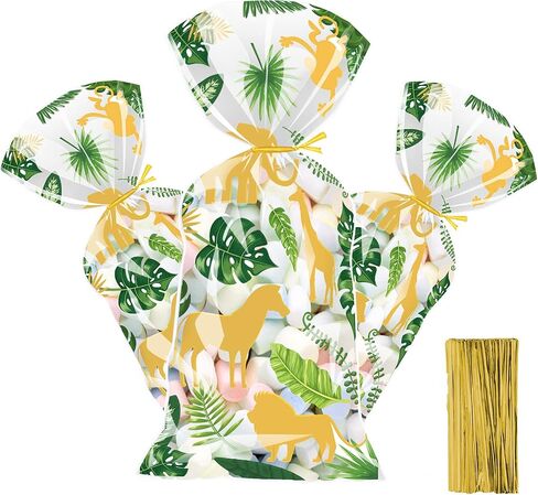 UEMIS 60Pack Jungle Animal Cellophane Treat Bags, Green Gold Safari Animal Palm Leaves Plastic Candy Goodie Bags with Gold Twist Ties for Wedding Wild One Safari Baby Shower Birthday Party Favors (Jungle Animals) in Saudi Arabia