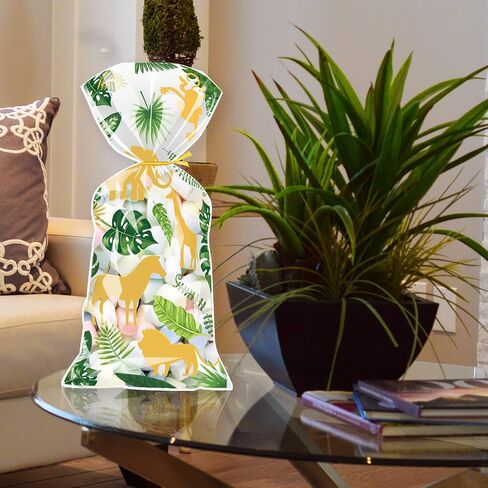 UEMIS 60Pack Jungle Animal Cellophane Treat Bags, Green Gold Safari Animal Palm Leaves Plastic Candy Goodie Bags with Gold Twist Ties for Wedding Wild One Safari Baby Shower Birthday Party Favors (Jungle Animals) in Saudi Arabia